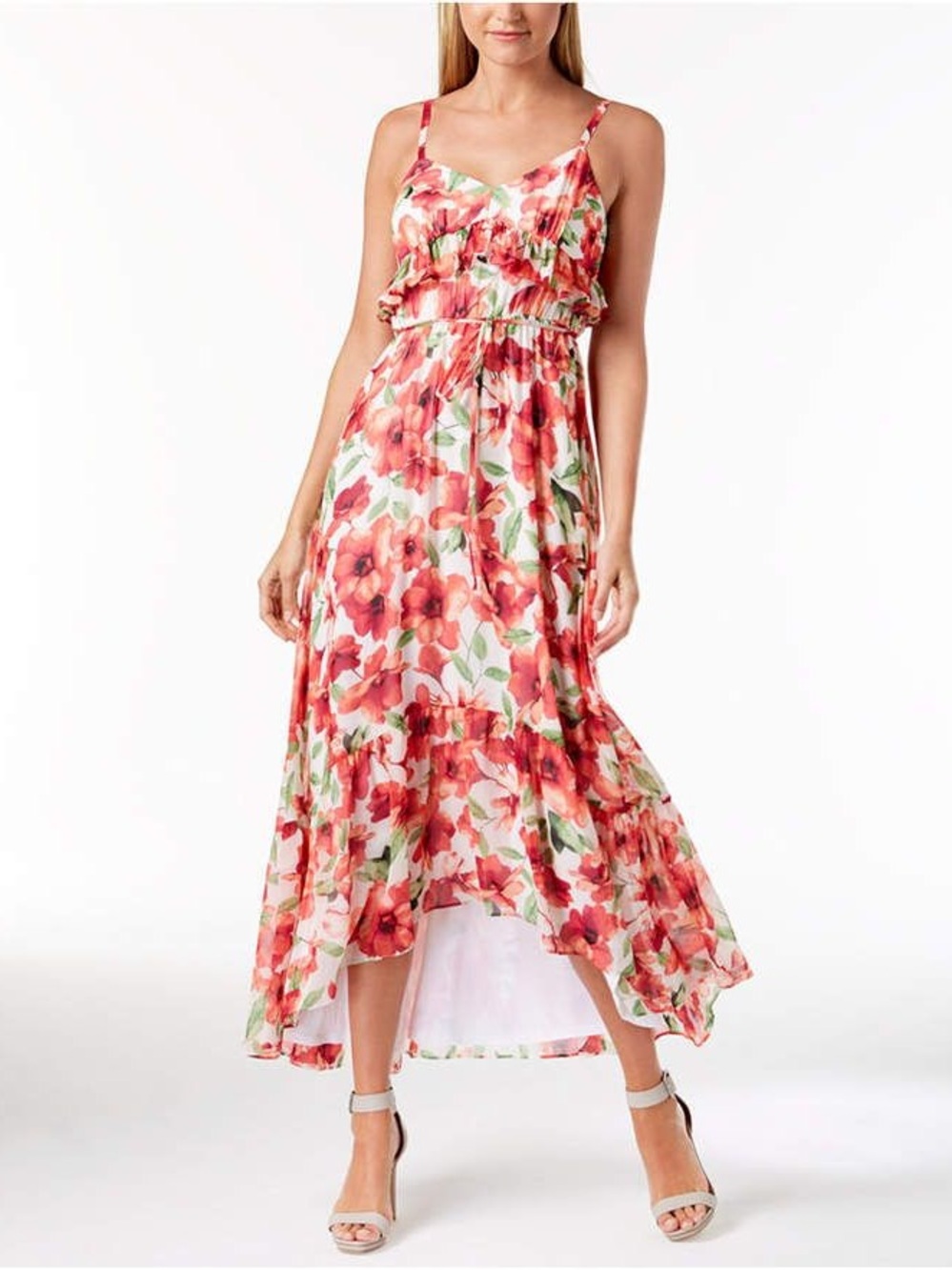 Calvin Klein Floral Chiffon High Low Ruffle Maxi Dress Size 8